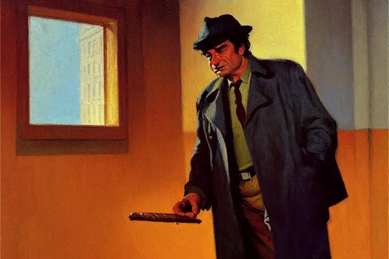 Image similar to police detective columbo ( played by young peter falk ) in his messy trenchcoat, smoking a cigar while rubbing his head. 1 9 8 0 s oil painting in the style of edward hopper and ilya repin gaston bussiere, craig mullins. warm colors. detailed and hyperrealistic.