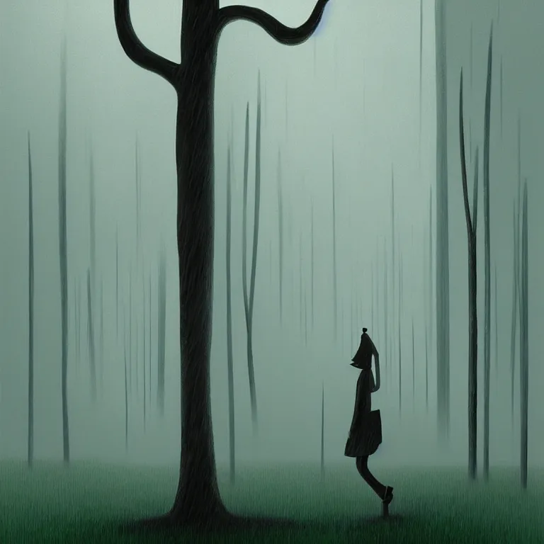 Image similar to Gediminas Pranckevicius painting of a person standing in the rain surrounded by trees, a digital rendering by Eyvind Earle, deviantart, digital art, matte drawing, deviantart, soft mist