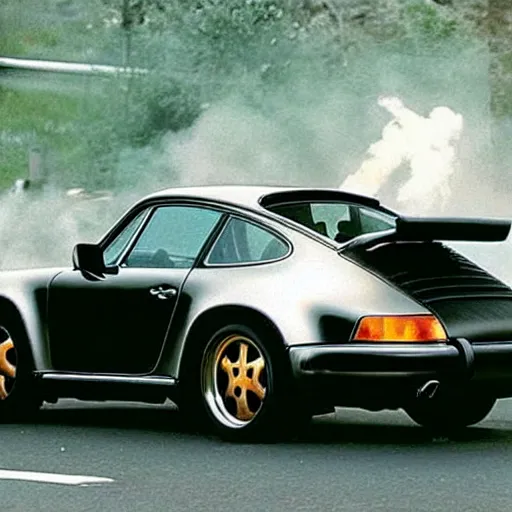 Image similar to porsche 911 in back 2 the future. trail of fire on street. 88mph. lightning strike