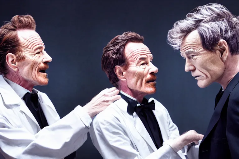Prompt: film still of bryan cranston and jungkook talking passionately before a science fiction tableau in cosmic horror! the musical by david cronenberg, horror sci fi, 3 5 mm film, atmospheric, ultra fine detail, film grain, photorealistic, hyperrealistic dramatic lighting