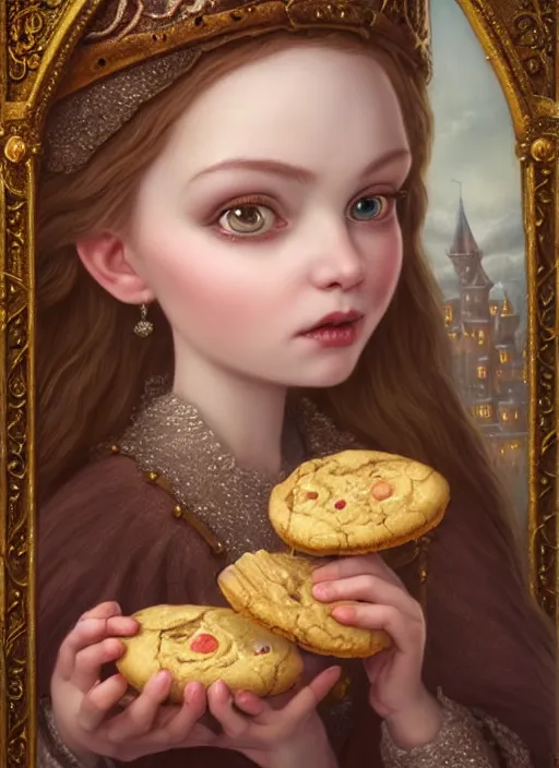 Image similar to highly detailed closeup portrait of a fairytale medieval princess eating cookies, unreal engine, nicoletta ceccoli, mark ryden, lostfish, earl norem, global illumination, god rays, detailed and intricate environment