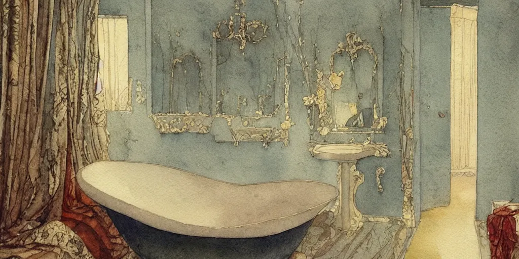 Prompt: a hiper intricate watercolor of a beauty modern bath room, reflexions, intricate details, smooth, by william turner art, by greg rutowski by edmund dulac, by carl larson