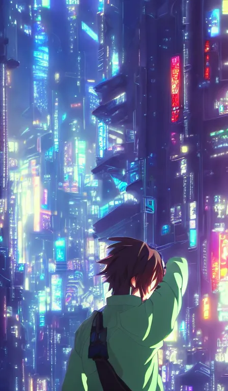 Image similar to anime fine details portrait of Link in front of cyberpunk moder city landscape on the background deep bokeh, close-up view, anime masterpiece by Studio Ghibli. 8k, sharp high quality anime, artstation