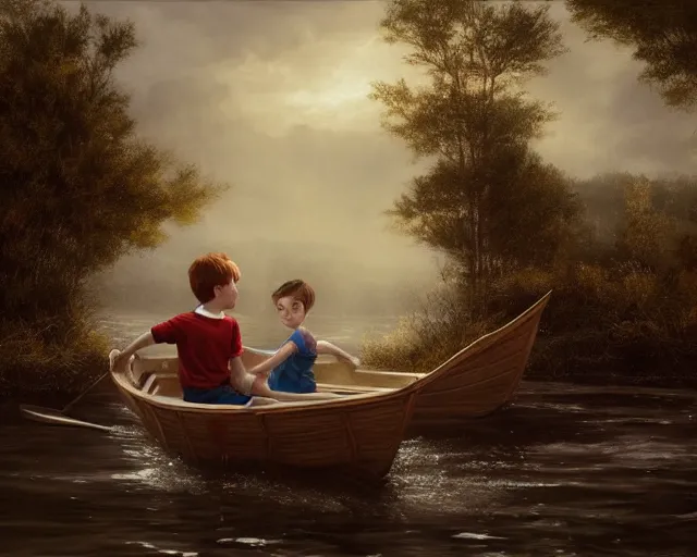 Image similar to a boy and a girl with long flowing auburn hair sitting together on the rowboat. Boy has black short hair, boy has black short hair. Atmospheric lighting, long shot, romantic, boy and girl are the focus, trees, river. Oil Painting, Trending on Artstation, octane render, Insanely Detailed, 8k, HD