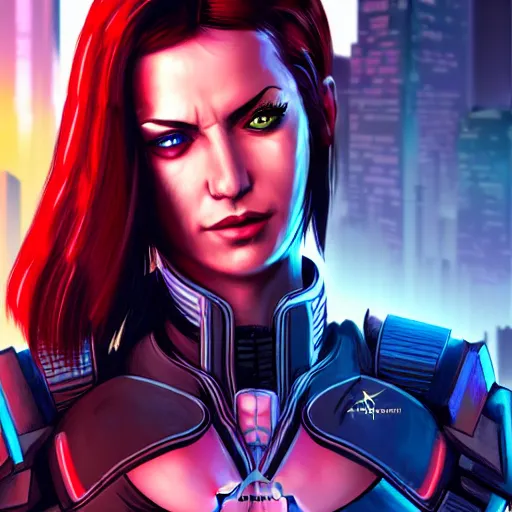 Prompt: epic portrait of femshep Mass Effect 1 character creator scars 2, Night City, cyberpunk 2077, neon megacity in the background, angry and bored, illustration, soft lighting, soft details, painting oil on canvas by mark arian by artgerm, trending on artstation, 4k, 8k, HD
