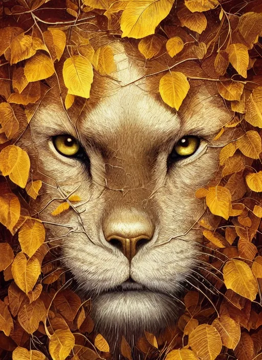 Prompt: golden leaves at frame border, creative!!! composition for a book cover, absurdly beautiful, ultrafine hyperrealistic detailed animal face by wlop and artgerm and greg rutkowski, intricate linework, sharp focus, smooth, plain background, unreal engine, dramatic lighting, ethereal, 8 k