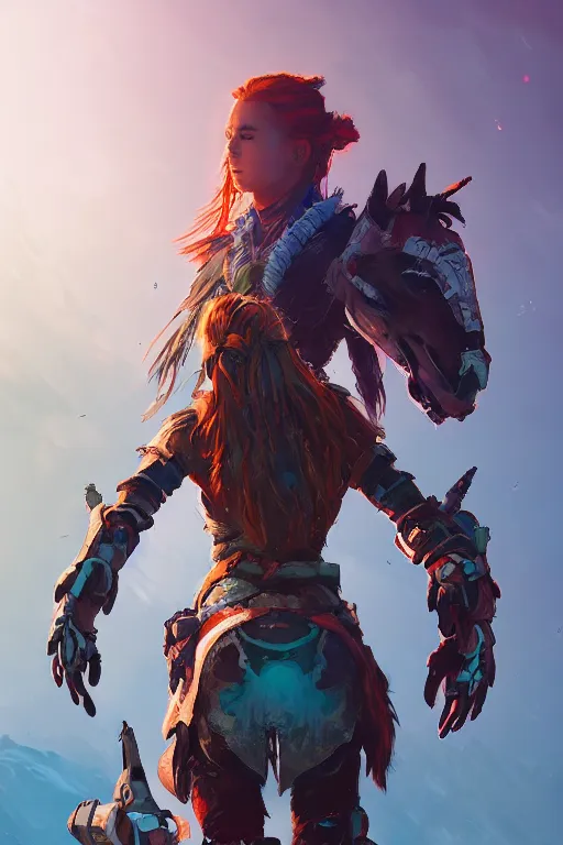 Image similar to combination suit armor aloy horizon forbidden west horizon zero dawn radiating a glowing aura global illumination ray tracing hdr fanart arstation by ian pesty and alena aenami artworks in 4 k tribal robot ninja mask helmet backpack