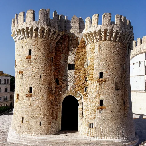 Prompt: the belem tower made of bread, olives, sardines, tomatoes