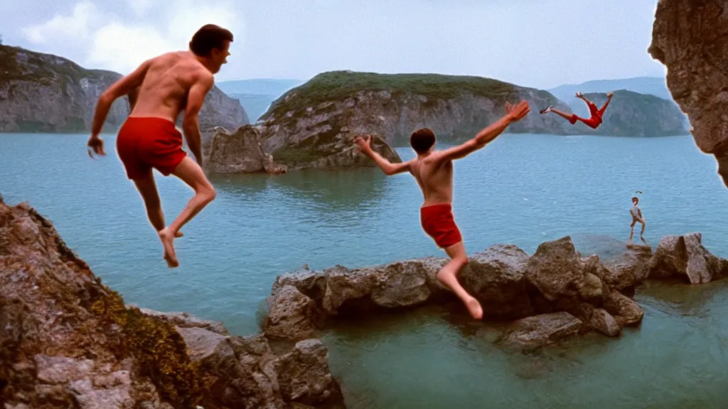 Image similar to a man cliff jumping into waters that are actually a portal to another dimension, film still from the movie directed by Wes Anderson and Jacques Tati with art direction by Salvador Dalí, wide lens