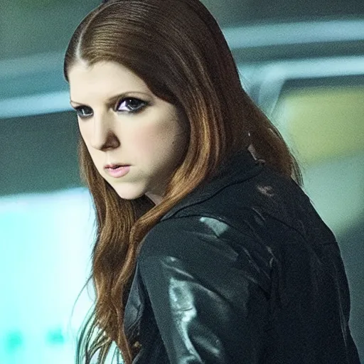 Image similar to amazing promo of Anna Kendrick as the T-1000 in a 2029 remake of Terminator