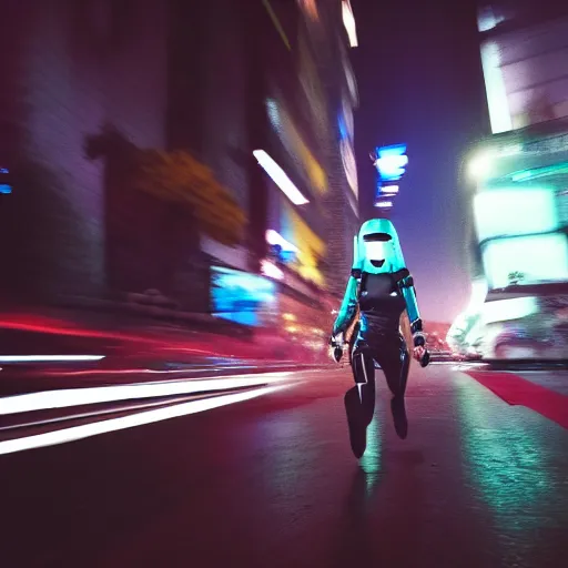 Prompt: gopro pov of a woman wearing scifi helmet running motion blur, cyberpunk night, city, raining