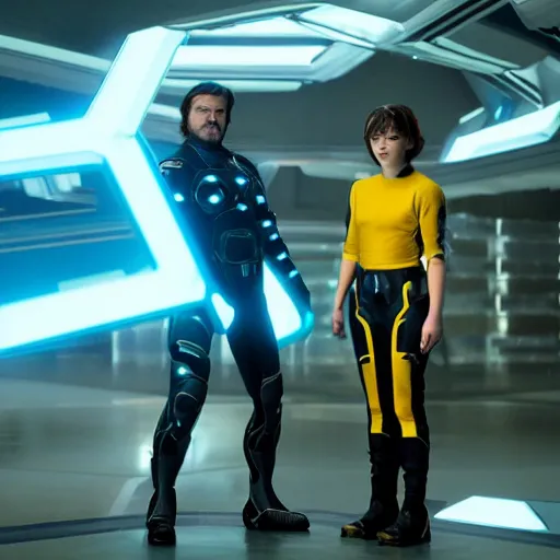 Image similar to emma watson and jack black in the movie tron legacy ( 2 0 1 0 ), cinematic, film still