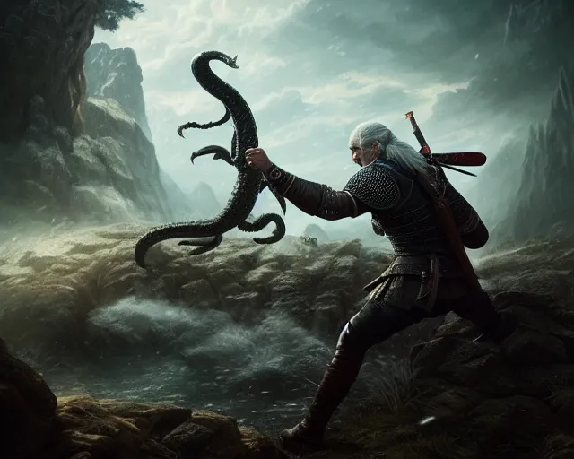 Image similar to 5 5 mm portrait photo of geralt fighting a hydra. magical atmosphere. art by greg rutkowski. highly detailed 8 k. intricate. lifelike. soft light. nikon d 8 5 0.