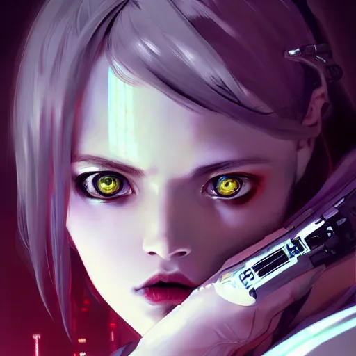 Image similar to A cyberpunk cyborg girl with big and cute eyes, fine-face, realistic shaded perfect face, fine details. Very anime. Realistic shaded lighting poster by Ilya Kuvshinov katsuhiro, magali villeneuve, artgerm, Jeremy Lipkin and Michael Garmash, Rob Rey and Kentarõ Miura style, trending on art station