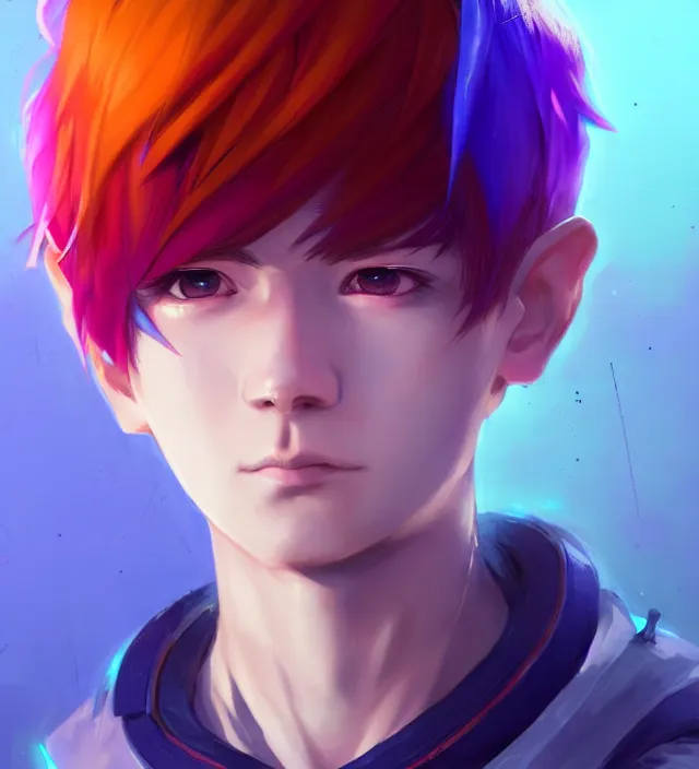 Image similar to character concept art of a cute young cyberpunk boy with colorful hair and collar | | cute - fine - face, pretty face, key visual, realistic shaded perfect face, fine details by stanley artgerm lau, wlop, rossdraws, james jean, andrei riabovitchev, marc simonetti, and sakimichan, trending on artstation