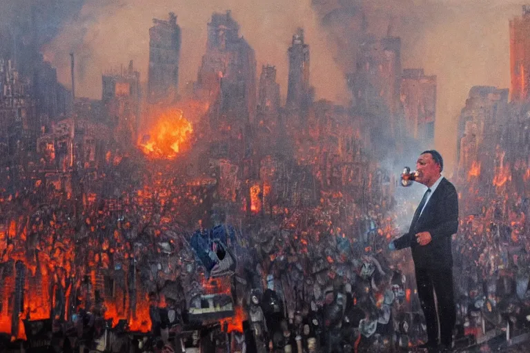 Prompt: viktor orban drinking beer and cheering at the apocalyse in front a burning city, highly detailed eyes, oil on canvas