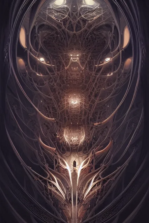 Image similar to professional concept art symmetrical portrait of a terrifying! mechanical predatory fractal! species in a dark room by artgerm and greg rutkowski. an intricate, elegant, highly detailed digital painting, concept art, smooth, sharp focus, illustration, in the style of cam sykes.