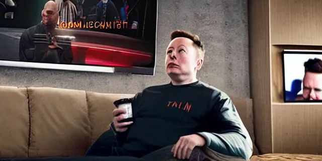 Prompt: full distant shot of bald and dirty elon musk in a tracksuit drinking beer in the couch while watching tv in a dirty trailer, very realistic photograph, cinematic lighting, by ken loach