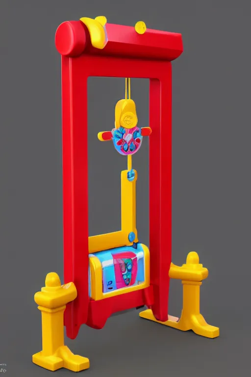 Prompt: product photo of life sized toy guillotine made by fisher price, colorful plastic, high quality, intricate detail, realistic textures, octane render, unreal engine 5, hyperrealism