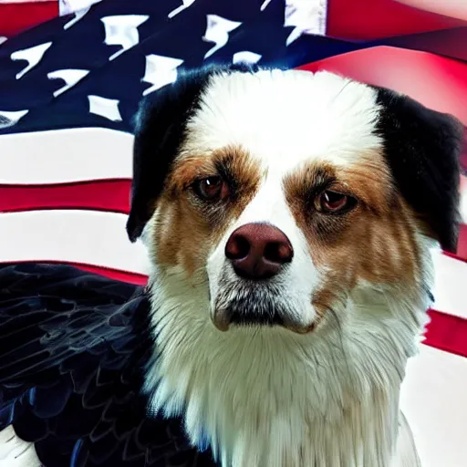 Image similar to dog, bald eagle, trident, patriotic, unreal engine