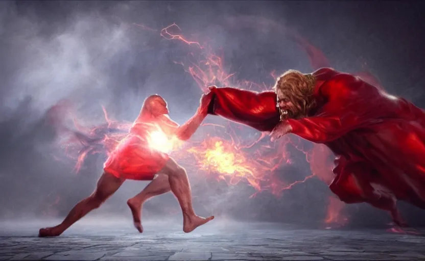 Prompt: hyperrealistic photo of Jesus Christ pummeling bright red-skinned Satan devil demon in the face on the floor, 8k cinematic