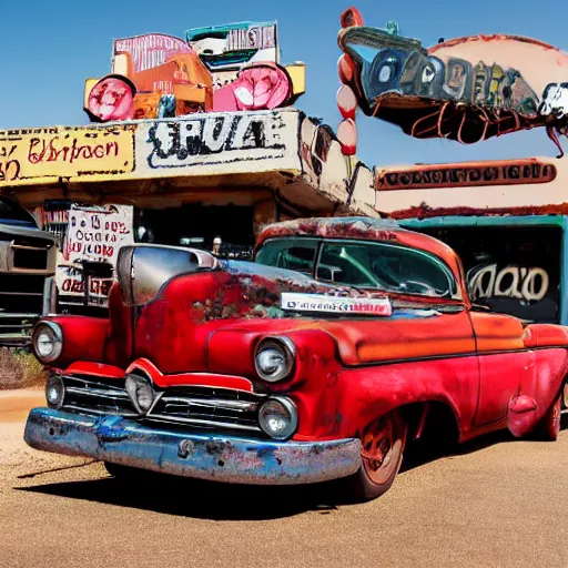 Prompt: a car with a beating heart on route66 3d 8k photo