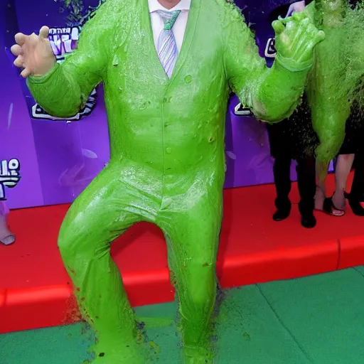 Image similar to Saul Goodman!, covered in green slime!!, ((at the Kid Choice Awards)) , professional photography