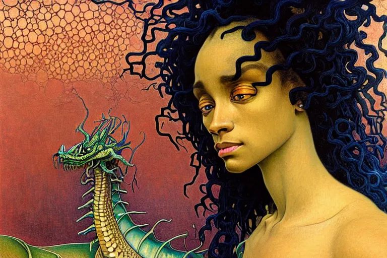 Image similar to realistic extremely detailed closeup portrait painting of a beautiful black woman, mutant dragon and a single old house on background by Jean Delville, Amano, Yves Tanguy, Alphonse Mucha, Ernst Haeckel, Edward Robert Hughes, Roger Dean, rich moody colours