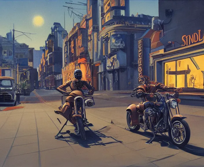 Image similar to a very detailed painting of a skeleton wearing a suit, riding a motorbike down a street, harley davidson motorbike, worm's - eye view, very fine brush strokes, very aesthetic, very futuristic, in the style of edward hopper and grant wood and syd mead, 4 k,