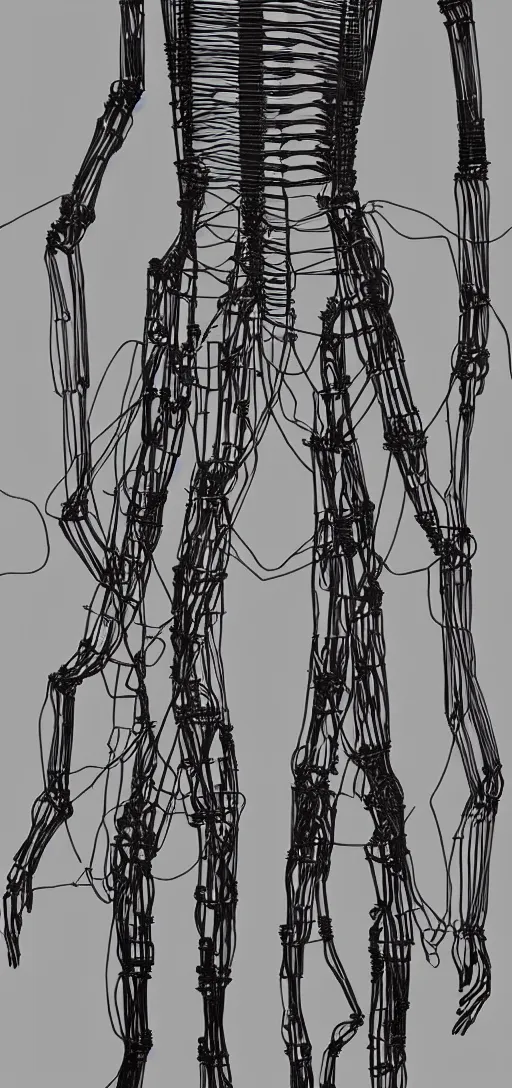 Prompt: human made out of wires and machinery, tall, body horror, creepy, disturbing, dark,