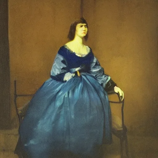 Prompt: an elegant girl in a liminal abandoned room, blue and gold, old polaroid by goya, by velazquez, digital painting, jugendstil, art noveau, strong lights, flat colors, pastel colors, highly detailed,