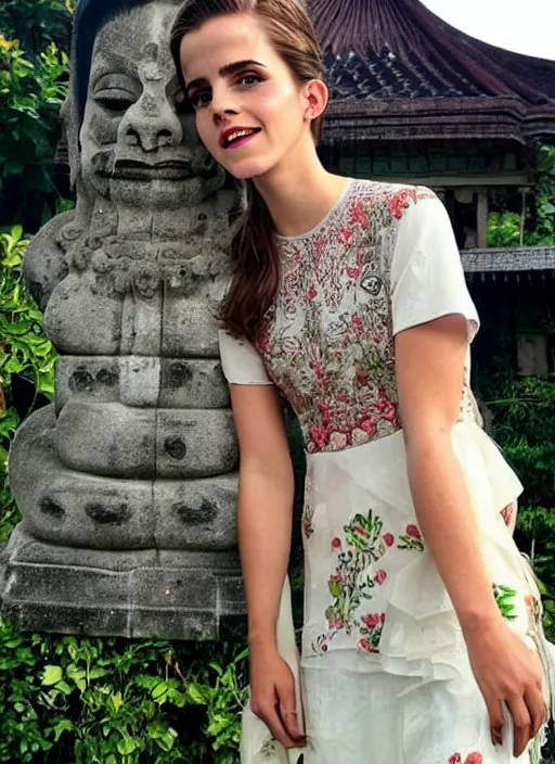 Prompt: emma watson wearing kebaya bali in bali. temple background. front view. instagram holiday photo shoot, award winning photography, perfect faces. beautiful