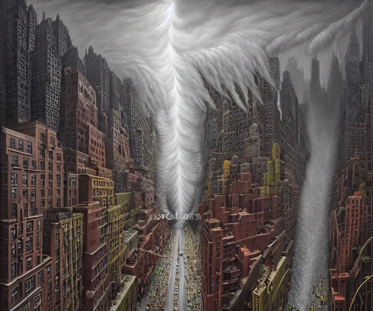 Image similar to hyper detailed 3d render like a Oil painting - a raging tornado over the streets of new york city, by Jacek Yerka, Mariusz Lewandowski, Houdini algorithmic generative render, Abstract brush strokes, Masterpiece, Edward Hopper and James Gilleard, Zdzislaw Beksinski, Mark Ryden, Wolfgang Lettl, hints of Yayoi Kasuma, octane render, 8k