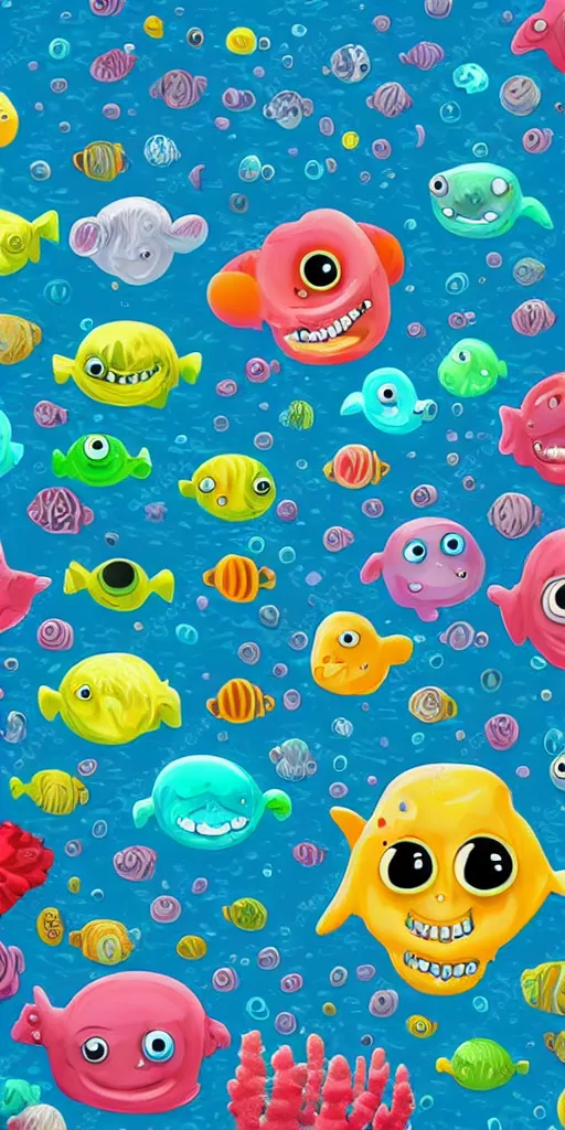 Image similar to colorful cloudy deep sea under water with strange cute friendly happy creatures with huge eyes, mouth, long tongue and round teeth appearing from sandy coral