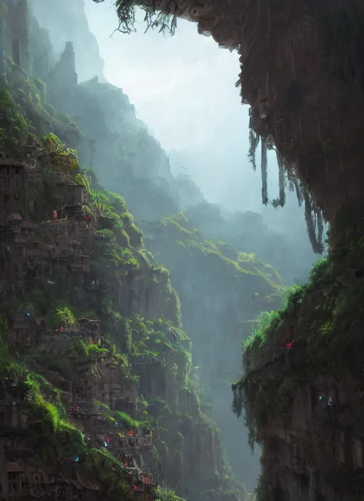 Image similar to medieval city built on terraces in a gigantic canyon, lots of buildings connected by hanging bridges, waterfalls, glow coming from amber veins in the ground, lush vegetation, pitchblack sky, extremly detailed digital painting, in the style andreas rocha and greg rutkowski, rim light, beautiful lighting, 8 k, stunning scene, octane, trending on artstation