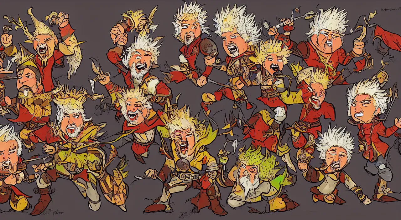 Prompt: a dungeons and dragons party of four guy fieri's, warrior fieri, mage fieri, rogue fieri, and cleric fieri, fantasy painting in the style of diego gisbert llorens