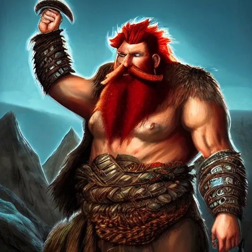 Prompt: a highly detailed portrait of a massive epic fantasy giant man with red hair and beard standing in a field concept art
