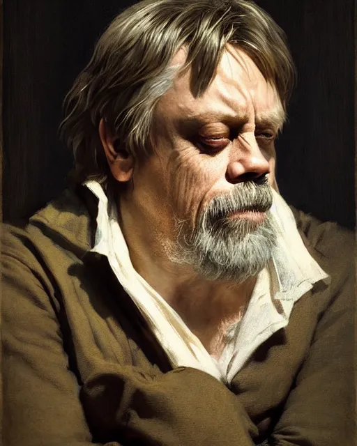 Image similar to mark hamill as a grizzled emanciated drunk poet. fantasy science fiction art by greg rutkowski, gustave courbet, rosa bonheur, edward hopper. faithfully depicted facial expression, perfect anatomy, sharp focus, global illumination, radiant light, detailed and intricate environment, trending on artstation