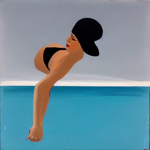 Image similar to acrylic painting on wood of a woman wearing a swimming cap diving from a high diving board into a pool. the pool is out of frame. teal, white, black and grayscale. simple. flat. vintage, mid - century modern. mid - drive, in the air, fully body