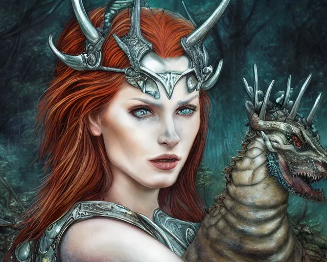 Image similar to 5 5 mm portrait photo of an armored gorgeous anesthetic redhead woman warrior with a face tattoo and horns growing from her head, and small dragon sitting on her shoulder in a magical forest in the style of stefan kostic, art by luis royo. highly detailed 8 k. intricate. lifelike. soft light. nikon d 8 5 0. cinematic post - processing