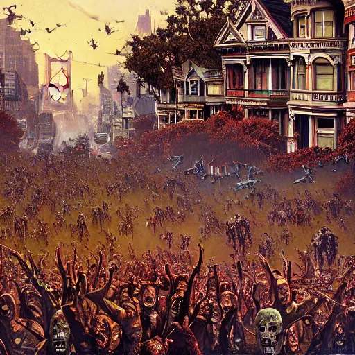 Image similar to painted ladies in san francisco swarmed by an army of zombies. painting by michael walen and bruce pennington.