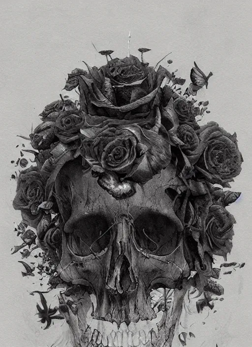 Image similar to skull surrounded by black roses, fog, cinematic shot, denis villeneuve movie still, wayne barlowe concept art, detailed, very coherent, vintage, masterpiece by emil melmoth