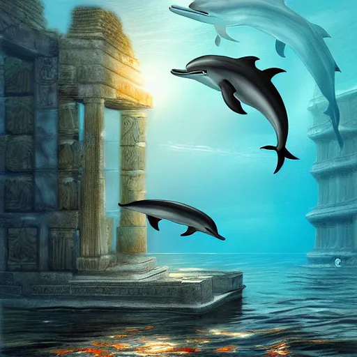 Image similar to Dolphins Swimming Through an Ancient Underwater Temple, Digital Art, Trending on Artstation, Atmospheric