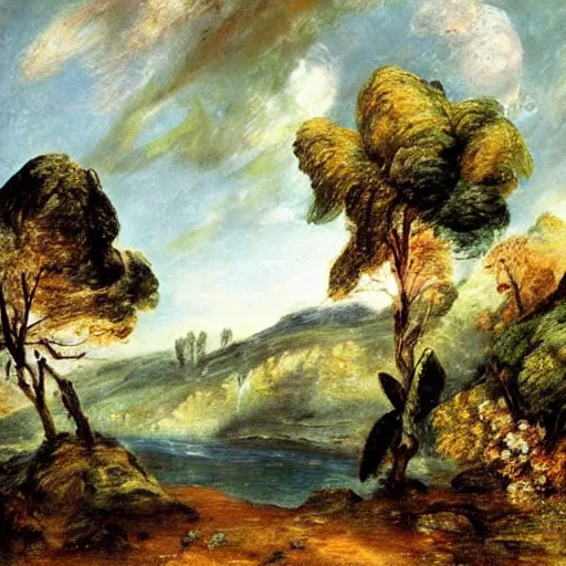 Image similar to detailed painting of a lush natural scene on an alien planet by john constable. beautiful landscape. weird colourful vegetation. cliffs and water.