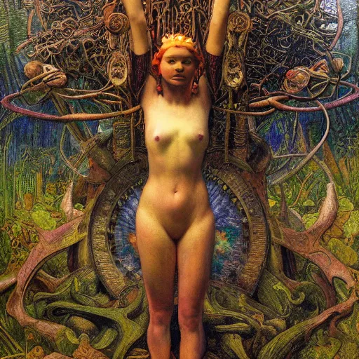 Image similar to robot seizes the forest throne, by Annie Swynnerton and Diego Rivera and Elihu Vedder, symbolist, dramatic lighting, elaborate geometric ornament, tattoos, Art Brut, soft cool colors,smooth, sharp focus, extremely detailed, Adolf Wölfli and Donato Giancola