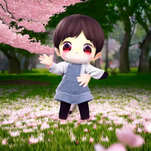 Prompt: cute fumo plush of a boy in the middle of a cherry blossom grove in bloom, kimono, particle simulation, vray