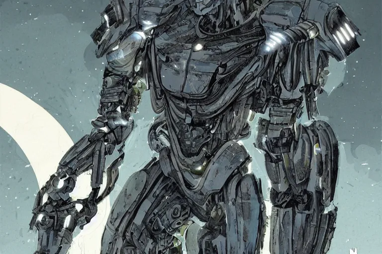 Image similar to cyborg military soldier in nanosuit with epic biological muscle augmentation, at dusk, a color illustration by tsutomu nihei, makoto kobayashi