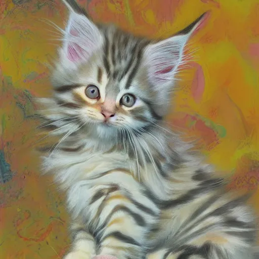 Image similar to a cream - colored maine coon kitten, digital art, by david schluss, colorful, gestural painting, abstract expressionists, jackson pollock, willem de kooning. energy influenced by both nature and music