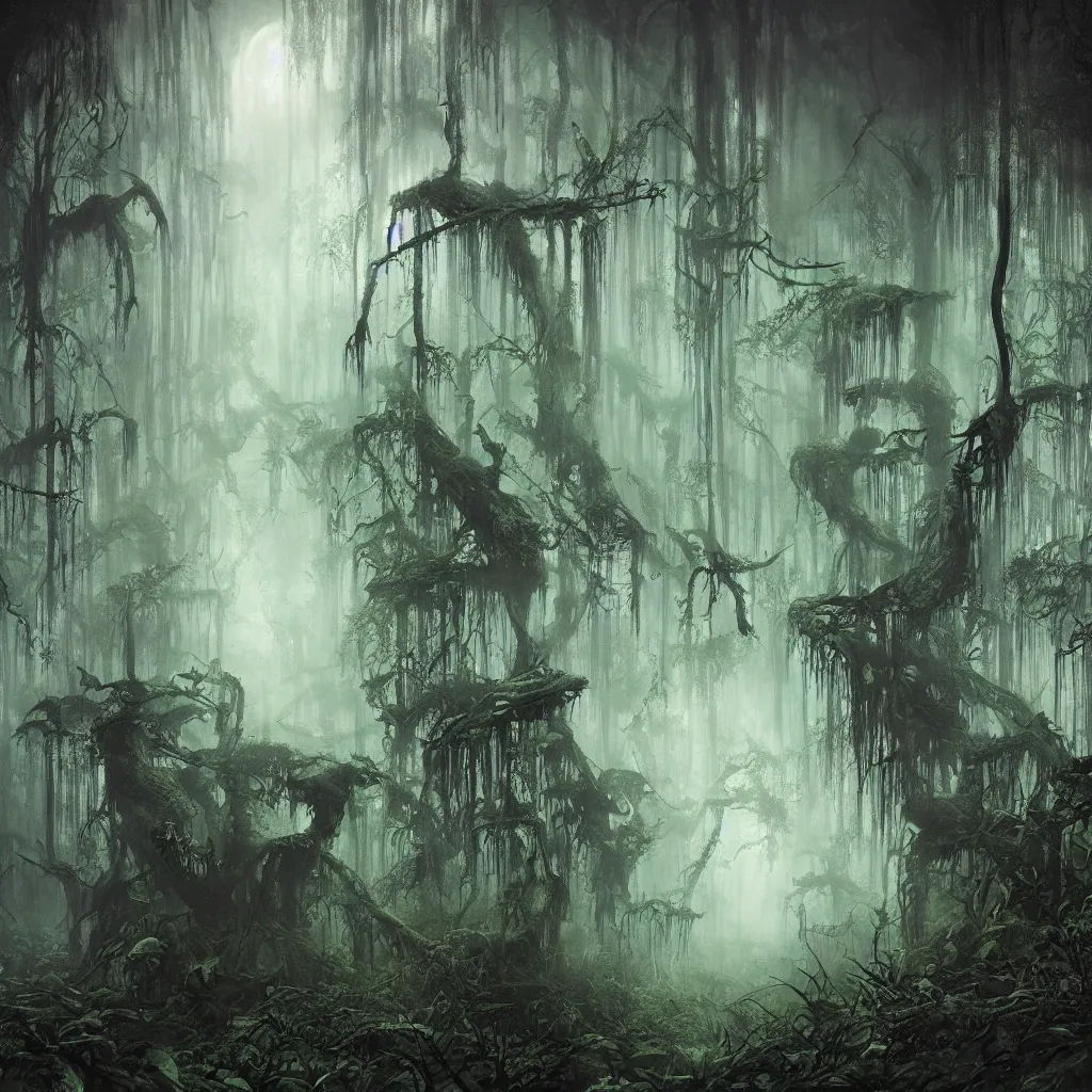 Image similar to a dark haunted swampy jungle forest at midnight, upward cinematic angle, thick mist, by Bernie Wrightston, Bill Sienkiewicz and Rodney Matthews, ghostly low light, stunning composition, intricate, elegant, digital art, hyperdetailed, full color mixed media painting, hyperrealistic, sharp focus, 8k