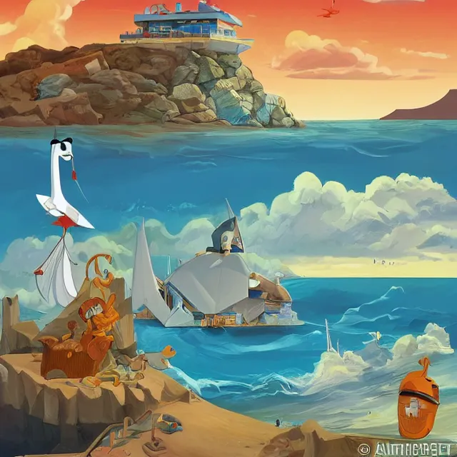 Image similar to a remote island research station in the middle of the ocean, rhads!!!, magical realism, urban fantasy, saturday morning cartoon, clean linework, ( alexander archipenko ), ( tex avery ), western animation